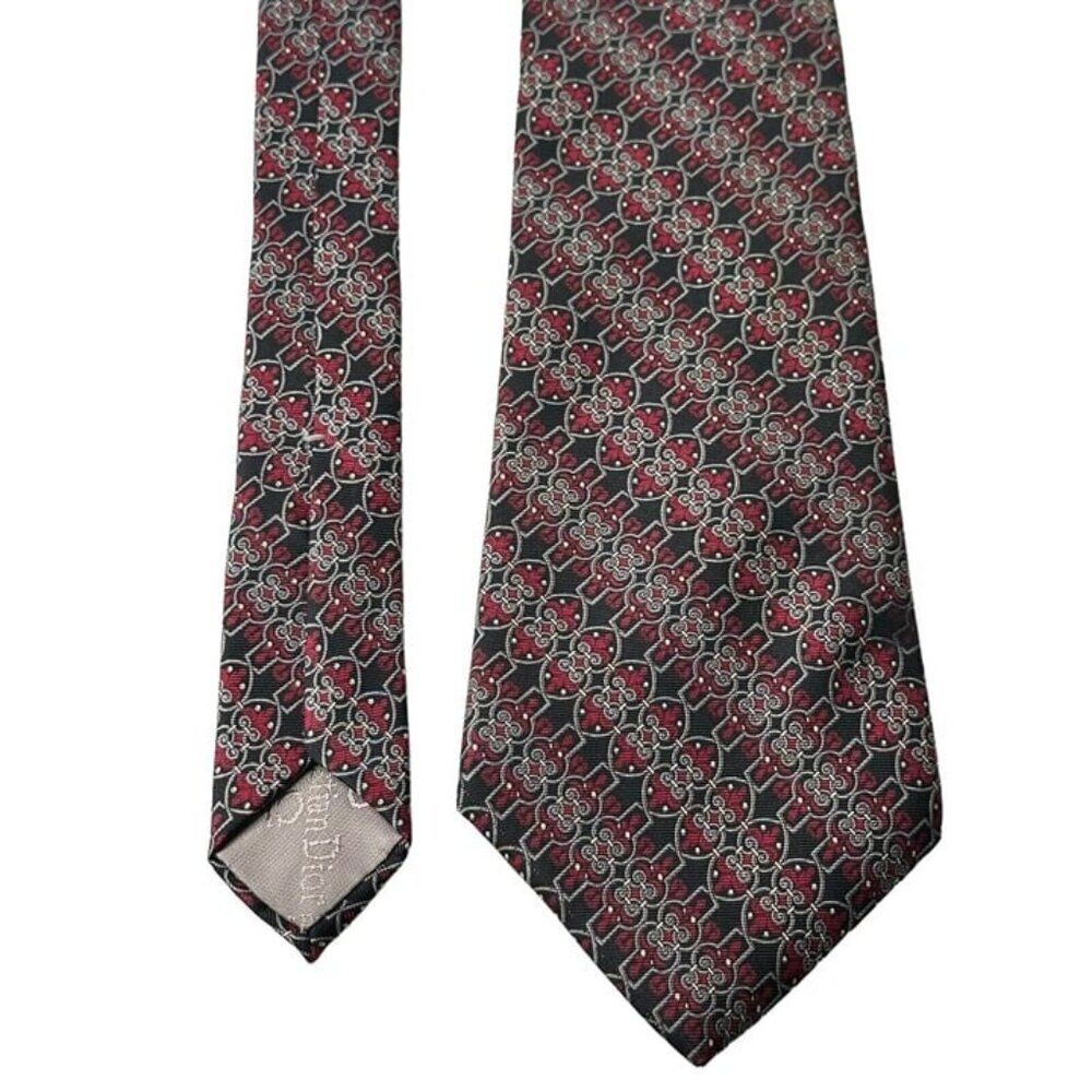 Vtg Christian Dior Mens 100% Silk Neck Tie Black White Red Geometric Floral USA